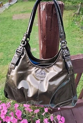 Patent Metallic Olive Green Coach satchel 14”x10” Blue Lines Hobo G1171-18760 - Image 1 of 4