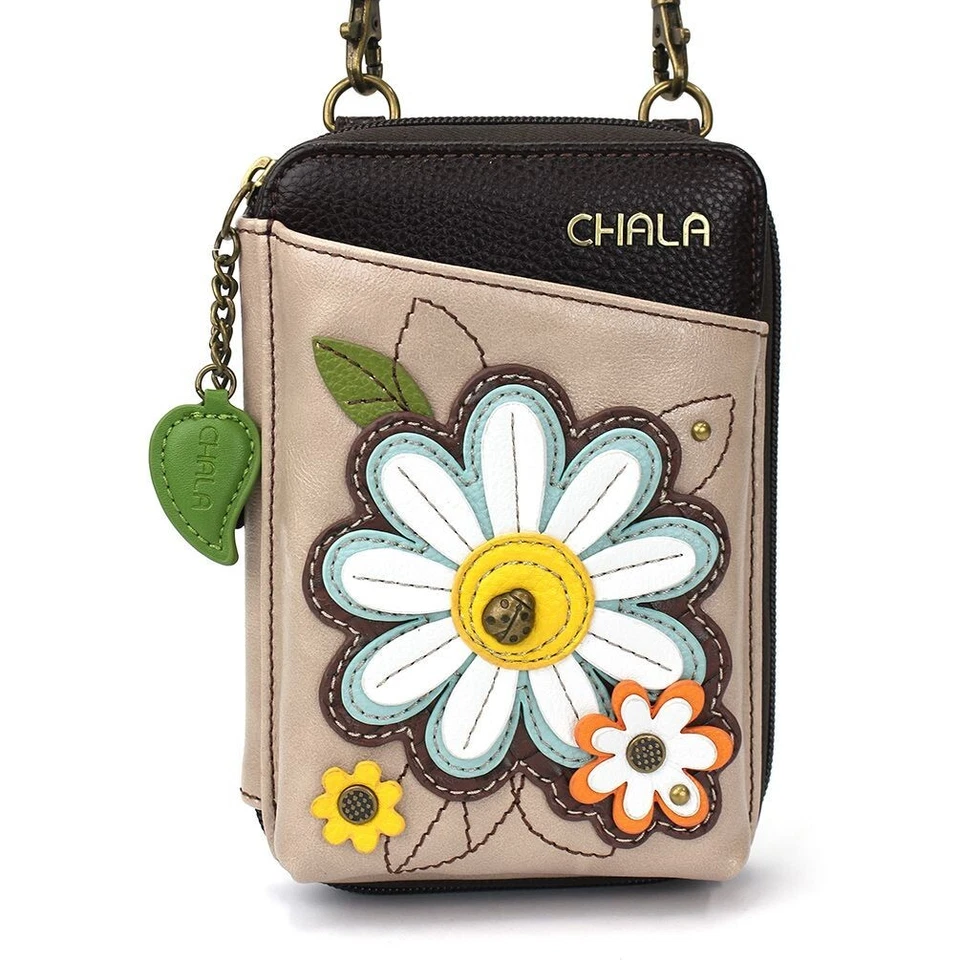 CHALA BROWN TAN BLUE DAISY FLOWER ZIPPERED CROSSBODY WALLET FAUX LEATHER