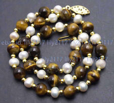 6-7mm White Natural Pearl & 8mm Yellow Tiger's Eye Round Gems Necklace 18-36''