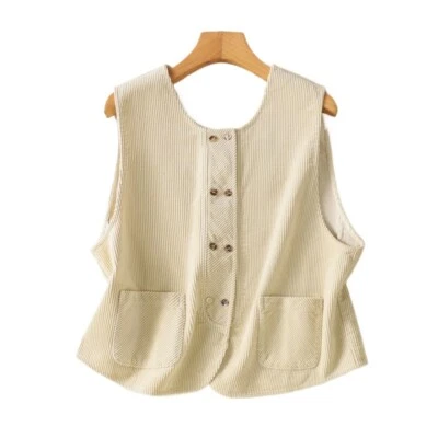 Women Retro Corduroy Double-breasted Vest Round Neck Waistcoat Sleeveless Top - Image 1 of 4