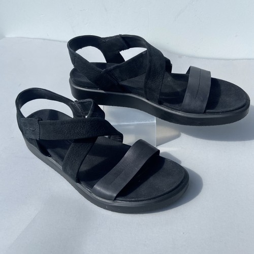 ECCO sandalo donna taglia 41 US 10 comodo zeppa nero pelle cinturino slingback