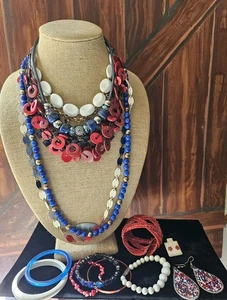 15p Vtg/Mod Jewelry Lot Red White Blue USA Patriotic Necklaces Bracelets Earring - Picture 1 of 19