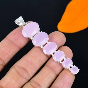 Pendente In Argento Sterling 925 Fatto A Mano In Gemma Di Calcedonio Rosa 3.04" - Foto 1 di 5