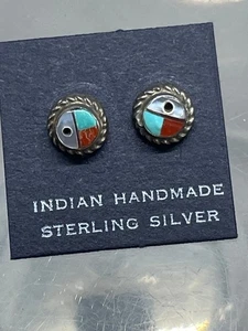 Earrings Sterling Silver and Stones Native American Small Studs reds blues round - Picture 1 of 7