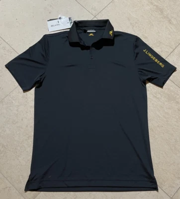 J. Lindeberg Men's Tour Tech Relaxed Fit Polo Black/Gold Trim Sz. Medium NWT - Image 1 of 4