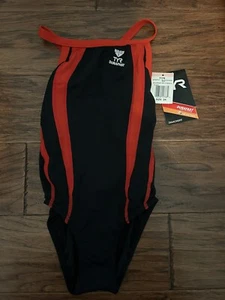 TYR Durafast DiamondFitYouth Solid 1pc Piece SwimSuit Black Red Trim Girls Sz 24 - Picture 1 of 2
