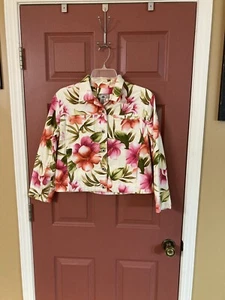 Womens Caribbean Joe Petite Let Go Super Vivid Floral Print Jean Jacket Size PL - Picture 1 of 5