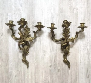 Vintage Solid Brass Louis XV Rococo 3 Arm Large Candle Holder Wall Sconces Pair - Picture 1 of 15