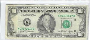 $100 Franklin 1981-K FEDERAL RESERVE DALLAS BANK NOTE serial # K 05172617 B - Picture 1 of 2