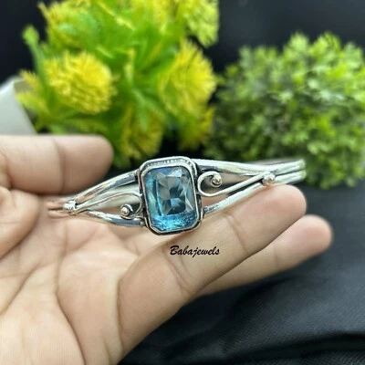 Brazalete/pulsera de topacio azul de plata de ley 925 hecha a mano para regalos JB7 Foto 1 de 4