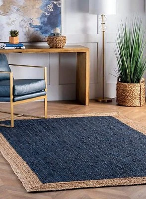 Jute Rug Modern Braided Blue Color Carpet Rust Look Style Solid Square Area Rug - Image 1 of 4