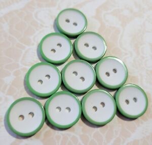 10 Green & White Vintage Buttons 2 Hole 9/16 Inch