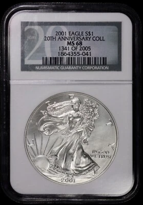 2001 American Silver Eagle NGC MS 68 20th ANN Label ASE BU Unc. 1341 of 2005 - Image 1 of 4