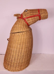 Vtg 1970’s Horse pony woven wicker Hamper Laundry Basket Animal Novelty Large - Picture 1 of 15