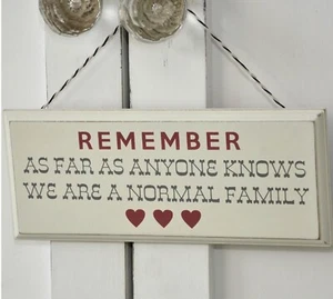 WE ARE NORMAL FAMILY HEARTS WOODEN SIGN HANGING PLAQUE ~ FOLK STYLE SHABBY CHIC - Picture 1 of 1