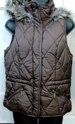 NWT Laura Scott Winter Vest Coat Brown with Furry Hood Zipper & Snaps Size Small - Image 1 of 4