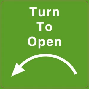 TURN TO OPEN - LEFT health and safety vinyl sticker 150 x 150mm - Picture 1 of 1