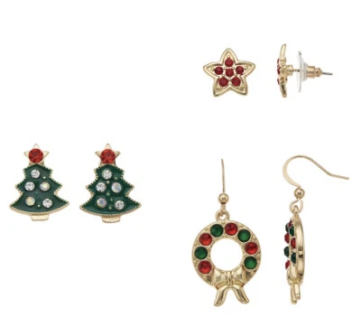 NEW Christmas Tree, Wreath & Star Nickel Free Pierced Stud & Drop Earrings Set - Image 1 of 4