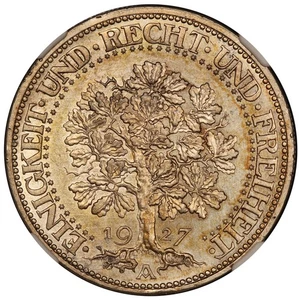 1927-A Germany Oak Tree 5 Mark Silver Coin - NGC UNC - KM #56 - Picture 1 of 4