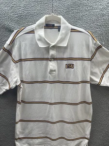 Herren Golf Shirt LSU College Logo Medium weiß lila gestreift 100% Comed Cotton - Bild 1 von 11