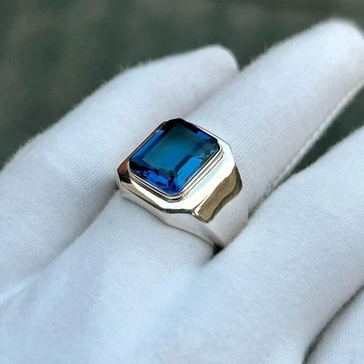 Blue Sapphire Ring, 925 Sterling Silver Ring Men's Blue gemstone Ring Engagement - Image 1 of 4