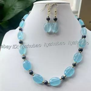 Natural 13x18mm Oval Blue Jade Gems Black Pearl Gold Hook Earrings+ Necklace 18" - Imagen 1 de 9