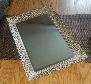 VTG Perfume Tray Mirrored GOLD CREAM Filigree Vanity Dresser Tray Ornate 16"!. - Picture 1 of 6