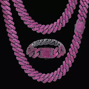 2Pcs FULLY ICED Gun Black Rhodium Plated CZ Cuban Link Hip Hop Necklace+Bracelet - Picture 1 of 28