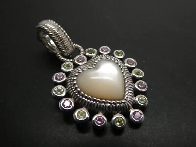 Judith Ripka MOP & Pink- Green CZ HEART Sterling Silver 925 Enhancer Pendant - Image 1 of 4