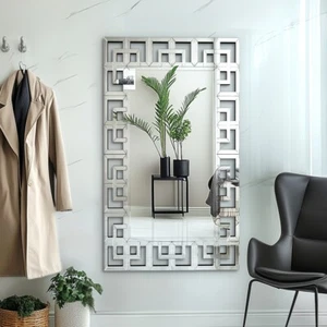 WISFOR Silver Rectangular Grecian Venetian Art Wall Mirror w Beveled Glass Edge - Picture 1 of 10