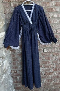 ✅Vtg 1970s Union Made Womens sz 10 Navy Blue Polka Dot Dress White Lace Trim - Picture 1 of 10