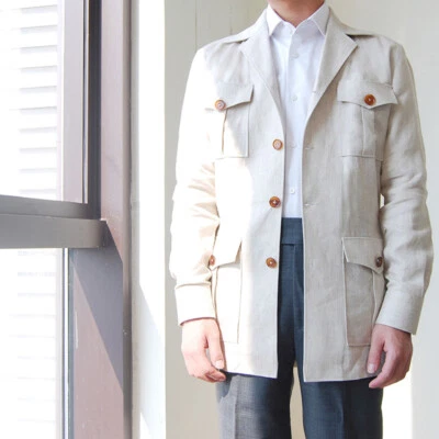 Винтажная мужская льняная куртка-сафари с несколькими карманами одежда для свадебной вечеринки смокинги - Изображение 1 из 4