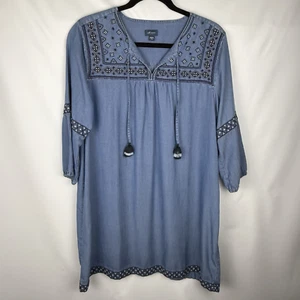 Vestido J Jill Denim Cambio M Pequeño Bordado Azul Boho Borlas Campesino Occidental - Imagen 1 de 8