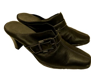 Merona Damen-Pantoletten hoher kubanischer Absatz schwarz Leder Clogs Größe 9 - Bild 1 von 7