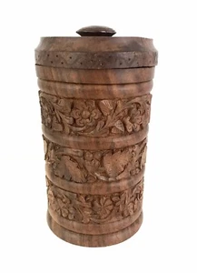 Wooden Carved Canister Urn Storage Jar + Lid Floral Ornate India Decor Vintage - Picture 1 of 7
