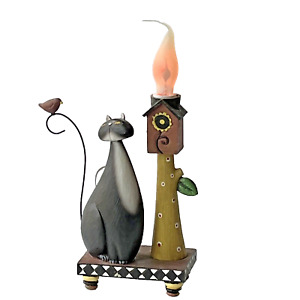 Vintage Rustic Whimsical Candle Lamp Black Cat Cardinal Birdhouse Nightlight