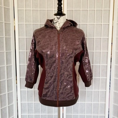 Miss Me Womens Hoodie Sweatshirt Maroon Sequin 3/4 Sleeve Full Zip Front S New - Image 1 of 4