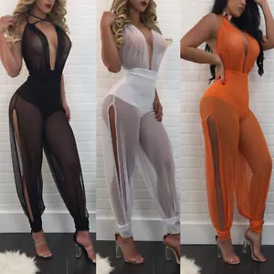 Abito tuta nudo Scollo Chiffon Trasparente Party Cerimonia Ballo Lace Jumpsuit L - Foto 1 di 2