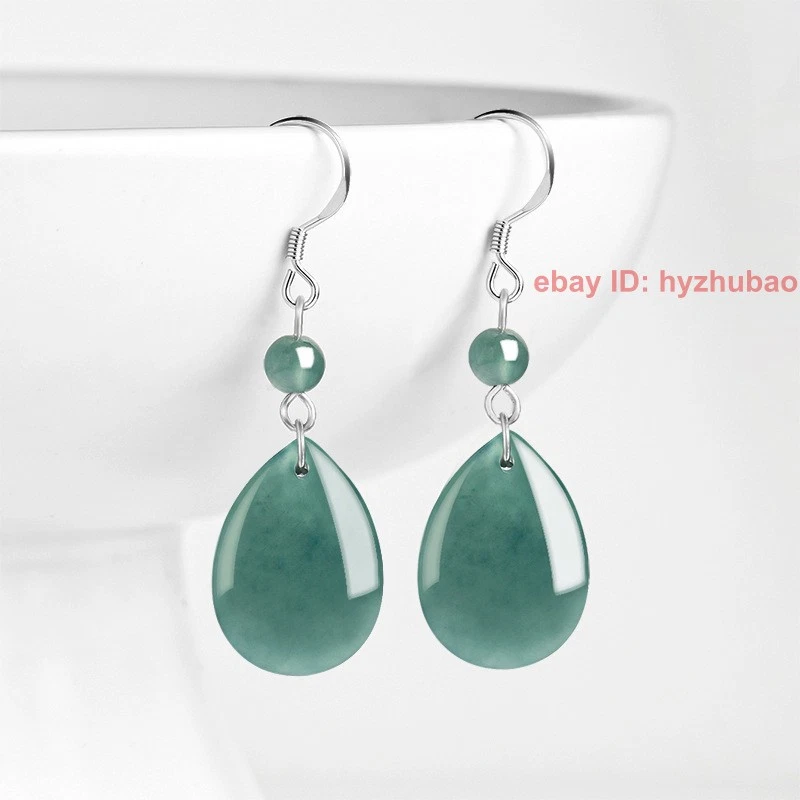 Pendientes colgantes de gancho de plata S925 con gota de jadeíta de jade grado A azul Wate certificados Foto 1 de 1