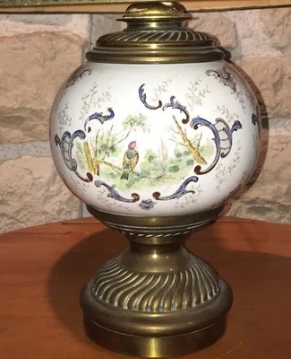 Pied De Lampe En Ceramique Luneville Et Laiton Vers 1900 Monogramé LN - Photo 1/4