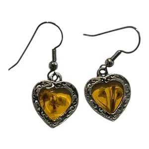 Vintage Herz Bernstein Harz Ohrringe Silber florale Einschlüsse - Bild 1 von 2