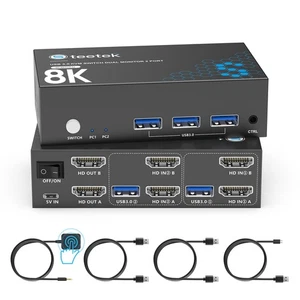 8K HDMI KVM Switch 2 Monitors 2 Computers, 8K@60Hz Dual KVM Switch for 2 Comp... - Afbeelding 1 van 8