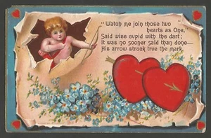 Antique Valentine Postcard - Cupid - Two Hearts as One - Embossed - 1910 - Picture 1 of 2