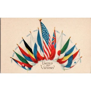 Original Antique WWI Era Postcard - Flags of Allys - United for Victory -US Flag - Picture 1 of 2