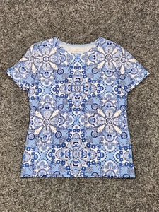 TALBOTS T-shirt donna piccola blu floreale mandala camicia manica corta top elasticizzato boho - Foto 1 di 9