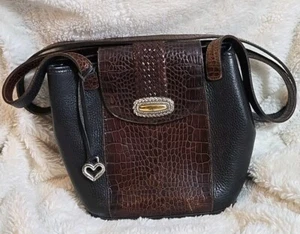 Vintage BRIGHTON Black Croc Brown Leather Flap Purse Shoulder Bag Crossbody - Picture 1 of 24