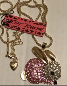 Betsey Johnson Rabbit Bunny Easter Pendant Necklace Pink Crystal Rhinestones - Picture 1 of 3