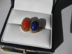  VINTAGE ELEGANTER 14K GELBGOLD RING MIT NATÜRLICHER KORALLE & LAPISLAZULI - Bild 1 von 5