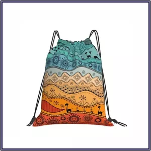 NWT Drawstring Backpack Travel School Book Bag Ethnic Landscape Giraffe - Picture 1 of 2