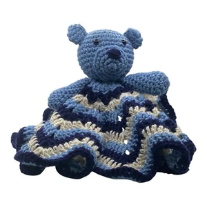 Handmade Crocheted Baby Lovey Bear Blue Navy Blue Beige 17 Inch Star Pattern - Picture 1 of 23